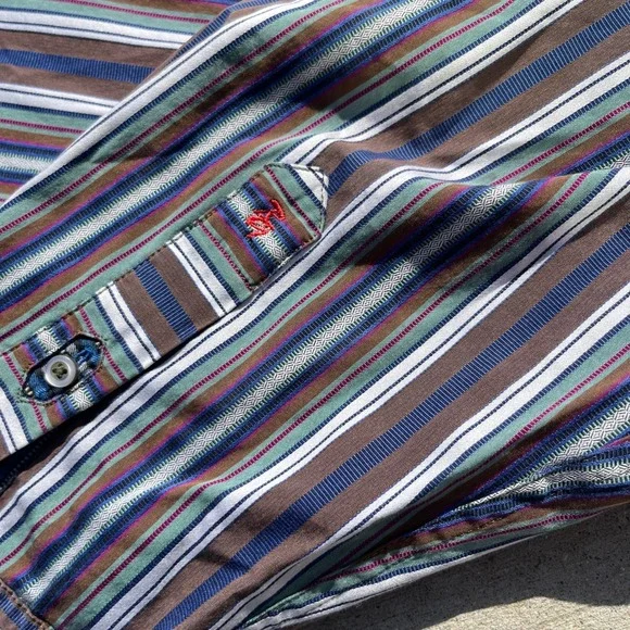 Robert Graham Shirt Mens 3XL Blue Brown Green Stripe Flip Cuff Long Sleeve